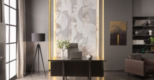 A chic luxury home office inside an ultramodern brutalist and glam building, featuring dark tones and sleek LED lighting.