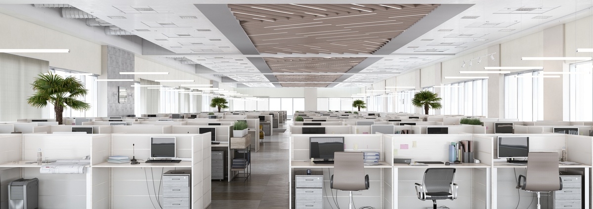 A large, modern, all-white office with modular desks, ergonomic chairs, green indoor plants, and large windows.