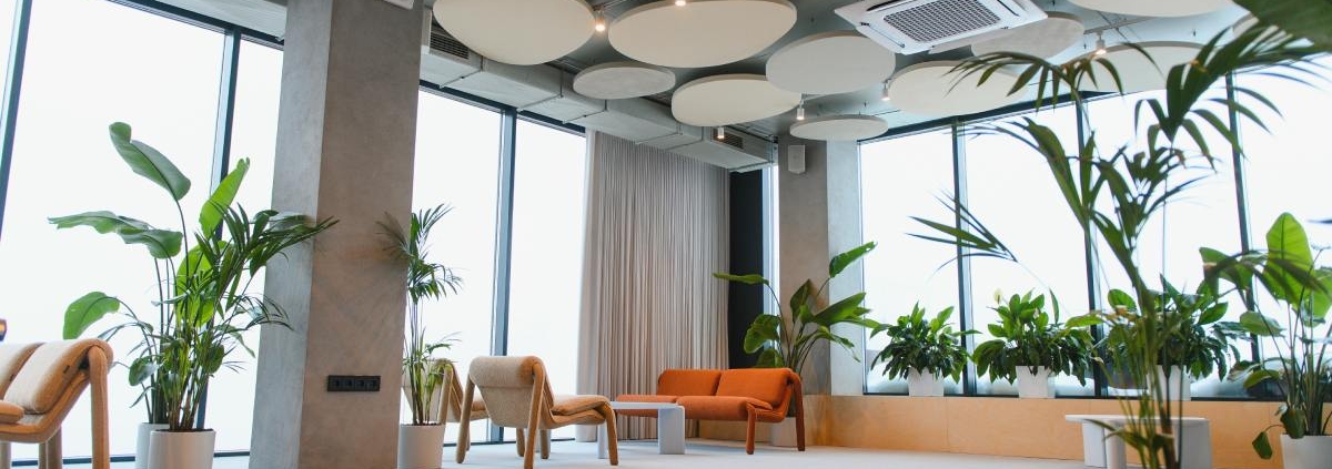 Contemporary workspace relaxation area featuring chairs, sofa, greenery, and circular sound-absorbing ceiling panels.