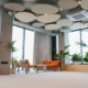 Contemporary workspace relaxation area featuring chairs, sofa, greenery, and circular sound-absorbing ceiling panels.
