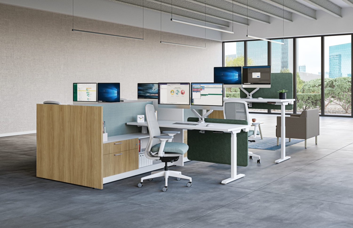 HON-Accelerate-500-010 shared ergonomic workstation with desktop divider and cabinet storage